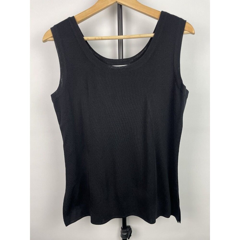 Exclusively Misook Black Knit Double Scoop Neck Split Seam Tank Top Size S